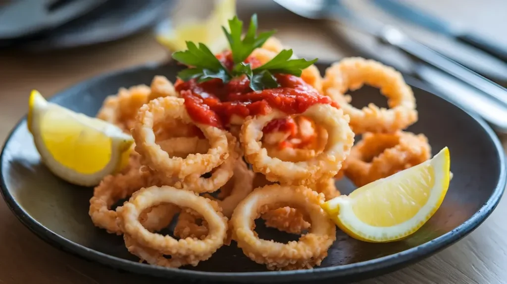 Crispy fried calamari rings served with marinara sauce, lemon wedges, and parsley on a black plate.