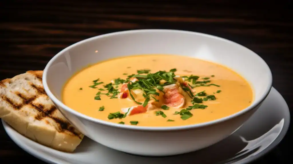 Bowl of creamy lobster bisque soup garnished with lobster meat and herbs, served with grilled bread