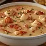 Close-up of creamy lobster bisque soup with chunks of lobster meat in a white bowl