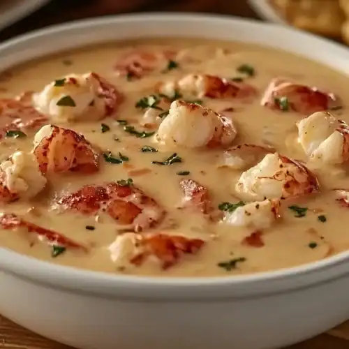 Close-up of creamy lobster bisque soup with chunks of lobster meat in a white bowl