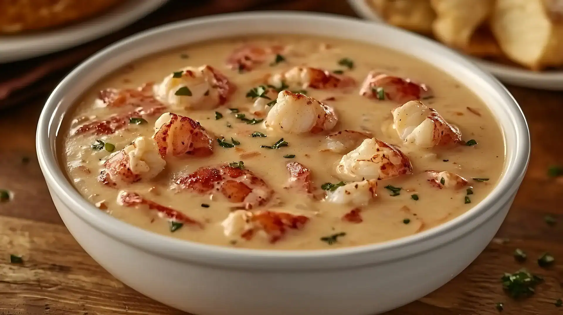 Close-up of creamy lobster bisque soup with chunks of lobster meat in a white bowl