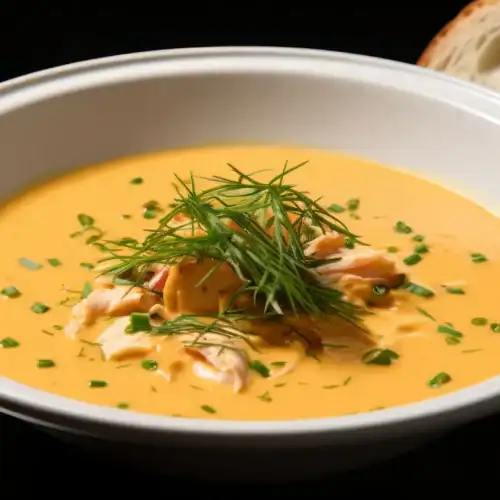 Bowl of creamy lobster bisque garnished with fresh dill and served with rustic bread slices