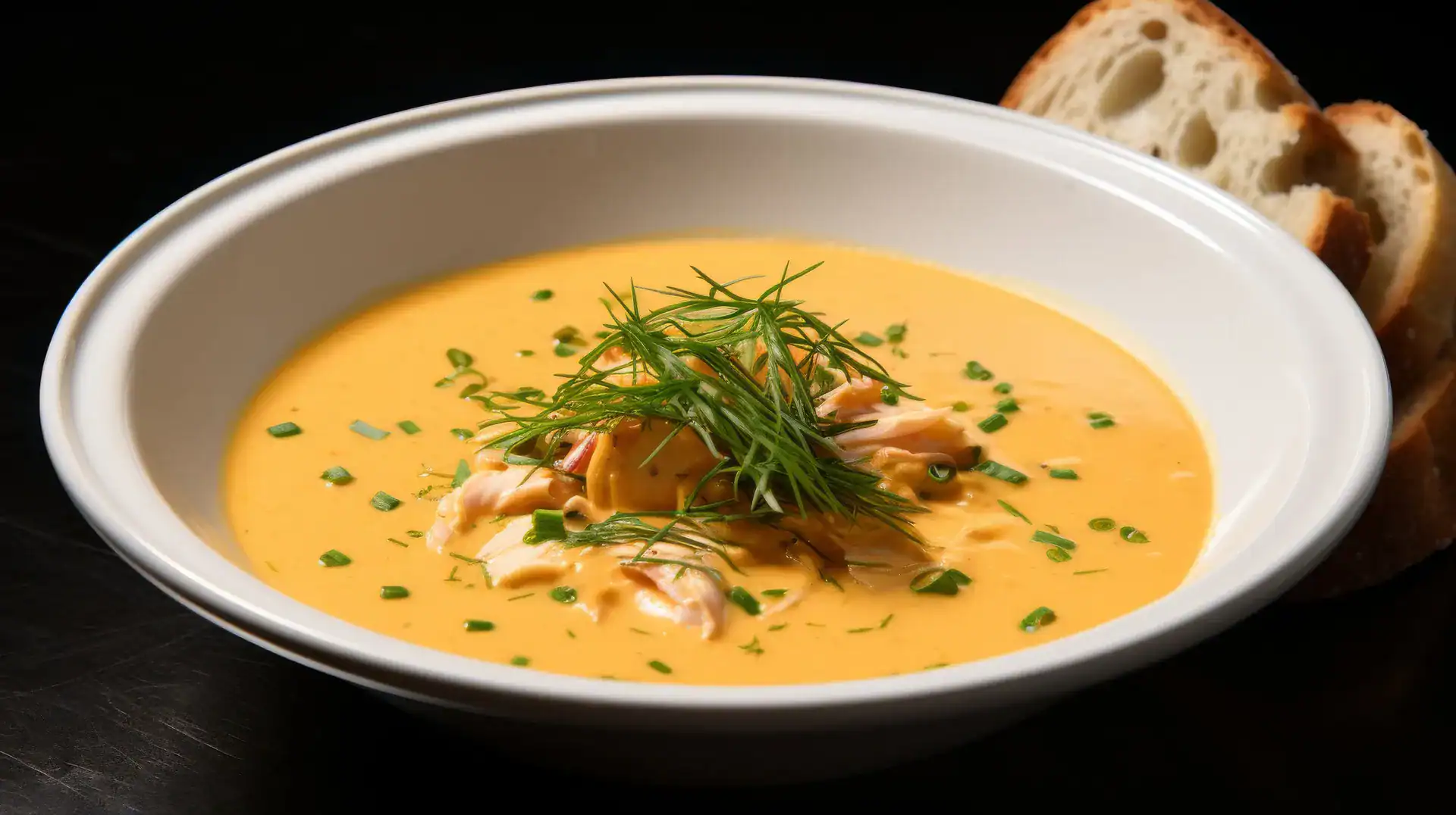 Bowl of creamy lobster bisque garnished with fresh dill and served with rustic bread slices