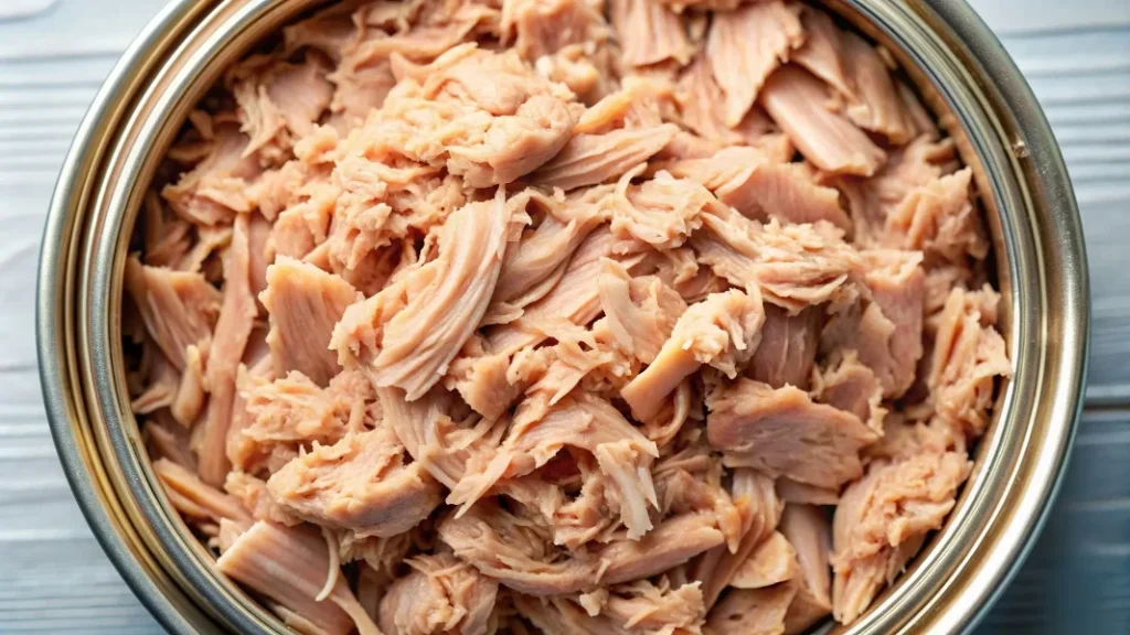 Close-up of flaky canned tuna in a metal container, ready for pasta salad