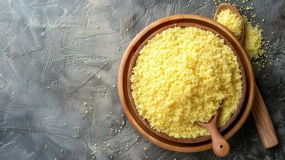 Raw couscous grains in a wooden bowl with a wooden spoon on a gray textured surface.