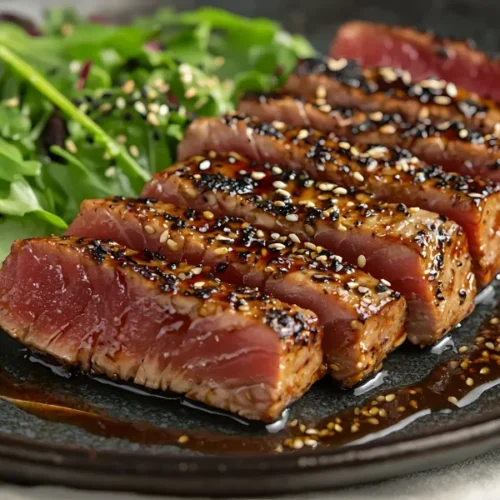 Seared tuna steak sliced and topped with sesame seeds, served with mixed greens and soy glaze.