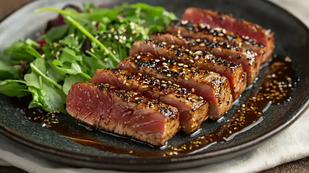 Seared tuna steak sliced and topped with sesame seeds, served with mixed greens and soy glaze.