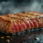 Thick tuna steak sizzling in a hot pan with seared grill marks and steam rising