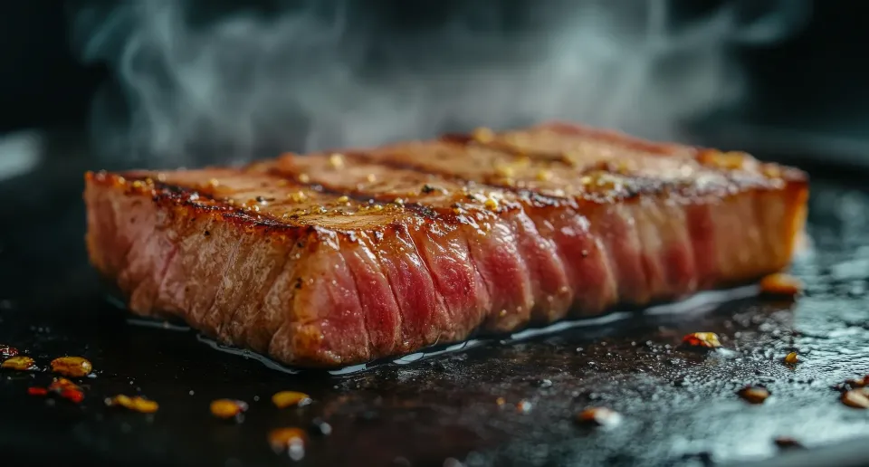 Thick tuna steak sizzling in a hot pan with seared grill marks and steam rising