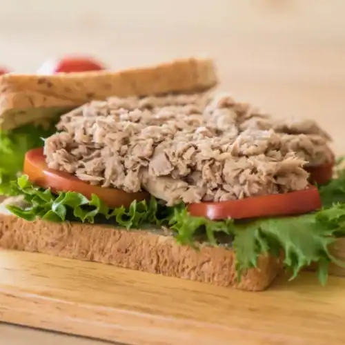 Open tuna sandwich on whole grain bread with lettuce and tomato on a wooden board