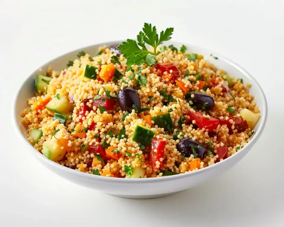 A colorful bowl of couscous salad with chopped vegetables, olives, and fresh herbs.