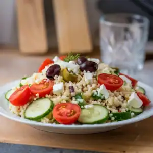 A plate of couscous salad with cherry tomatoes, cucumber slices, feta cheese, and olives.
