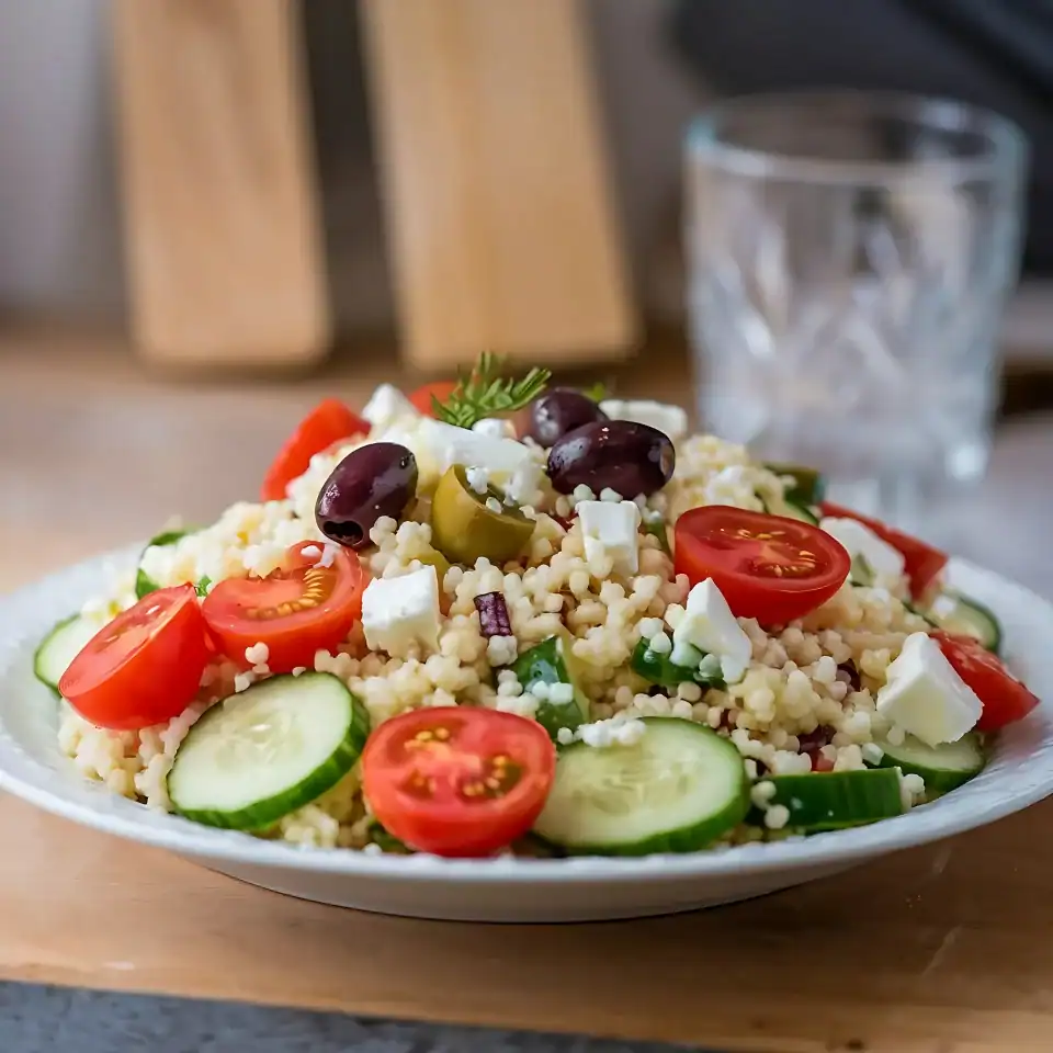 A plate of couscous salad with cherry tomatoes, cucumber slices, feta cheese, and olives.
