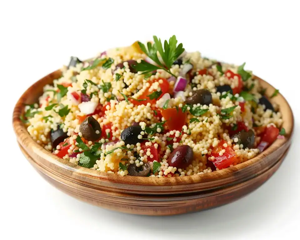 Couscous salad with black olives, red bell peppers, parsley, and onions in a wooden bowl.