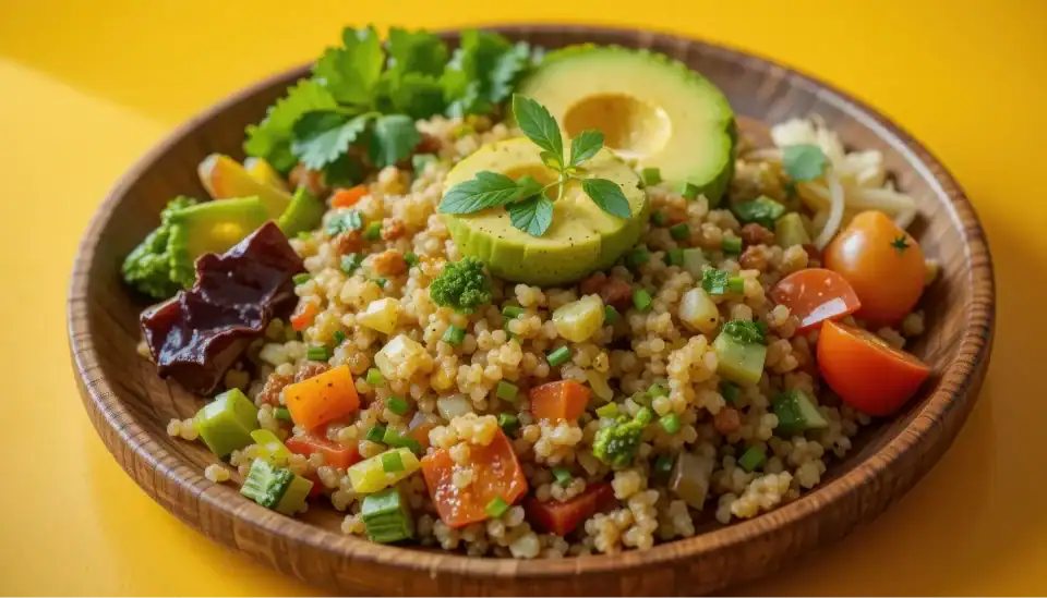 Couscous salad with avocado, cherry tomatoes, broccoli, and fresh herbs in a wooden bowl on a yellow background.