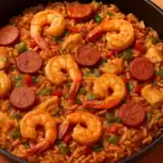 Close-up of easy homemade jambalaya in a cast iron skillet with shrimp, sausage, and vegetables.