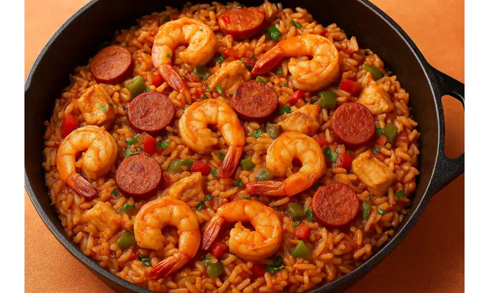 Close-up of easy homemade jambalaya in a cast iron skillet with shrimp, sausage, and vegetables.