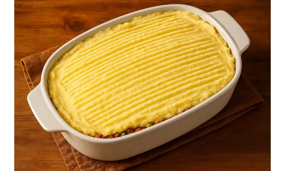 Raw cottage pie in a round white dish with golden mashed potato topping and visible peas and carrots on a wooden table.