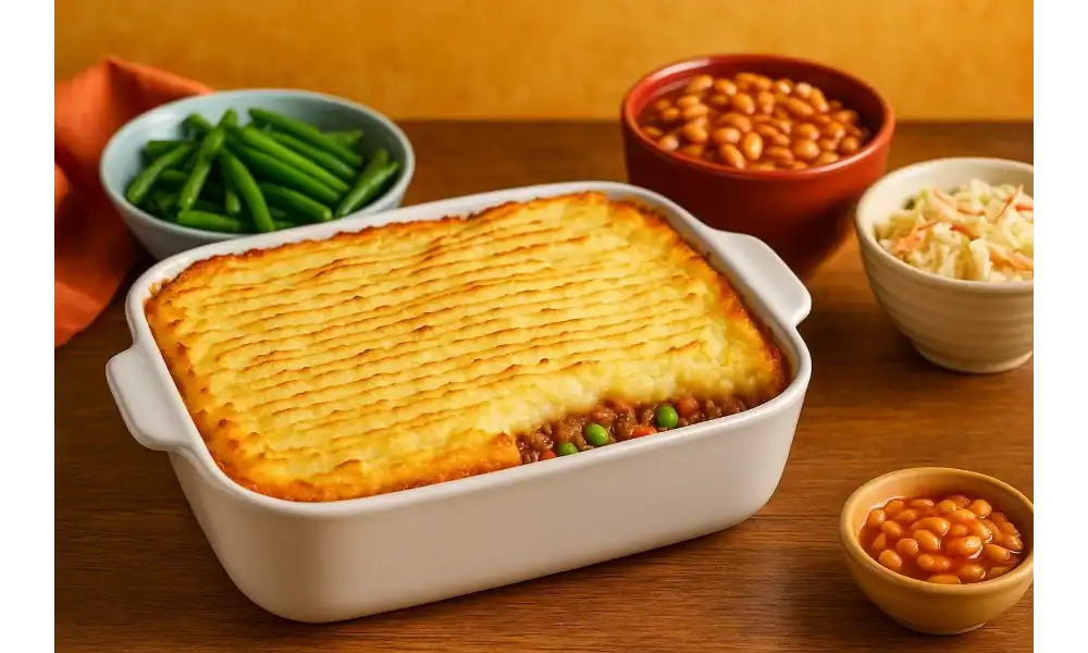 Cottage pie in a white dish surrounded by green beans, baked beans, and coleslaw on a vibrant wooden kitchen table.