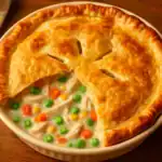 Golden baked chicken pot pie with creamy filling, peas, carrots, and corn in a white dish.
