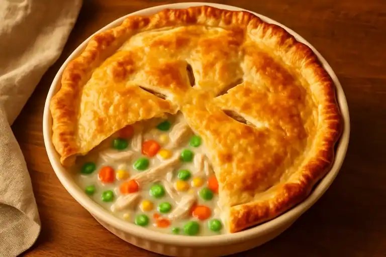 Golden baked chicken pot pie with creamy filling, peas, carrots, and corn in a white dish.