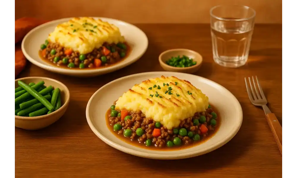 Two plates of cottage pie served on a wooden dining table with green beans and warm lighting in the background.