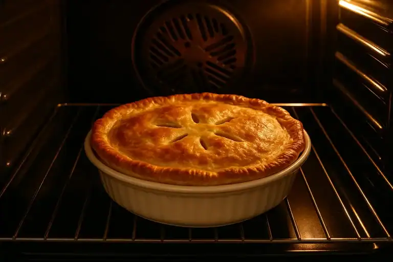 Golden chicken pot pie baking in the oven with a flaky top crust.