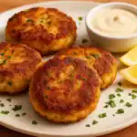 Golden brown homemade crabcakes served with lemon wedges and dipping sauce on a white plate.