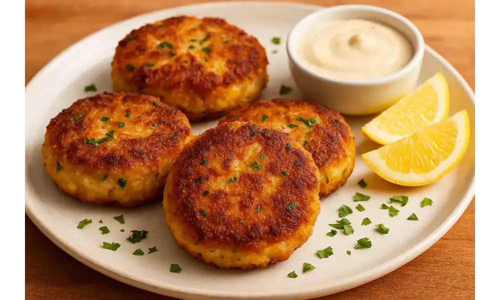 Golden brown homemade crabcakes served with lemon wedges and dipping sauce on a white plate.