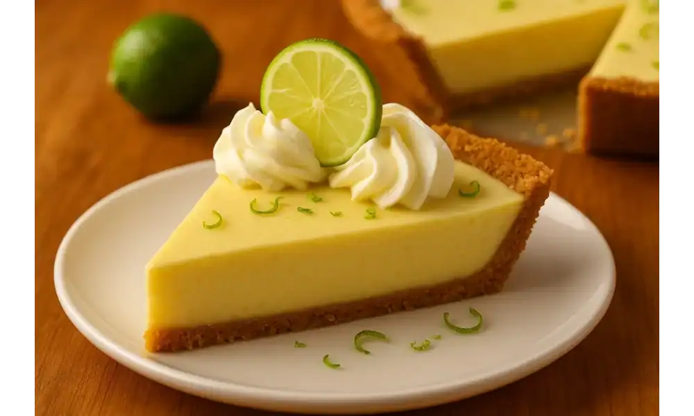 A close-up of a slice of easy key lime pie with creamy filling, fluffy whipped cream, and a fresh lime wedge on top.