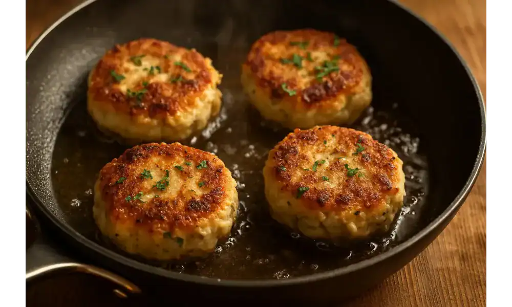 Four golden crabcakes frying in a black skillet with fresh parsley on top.