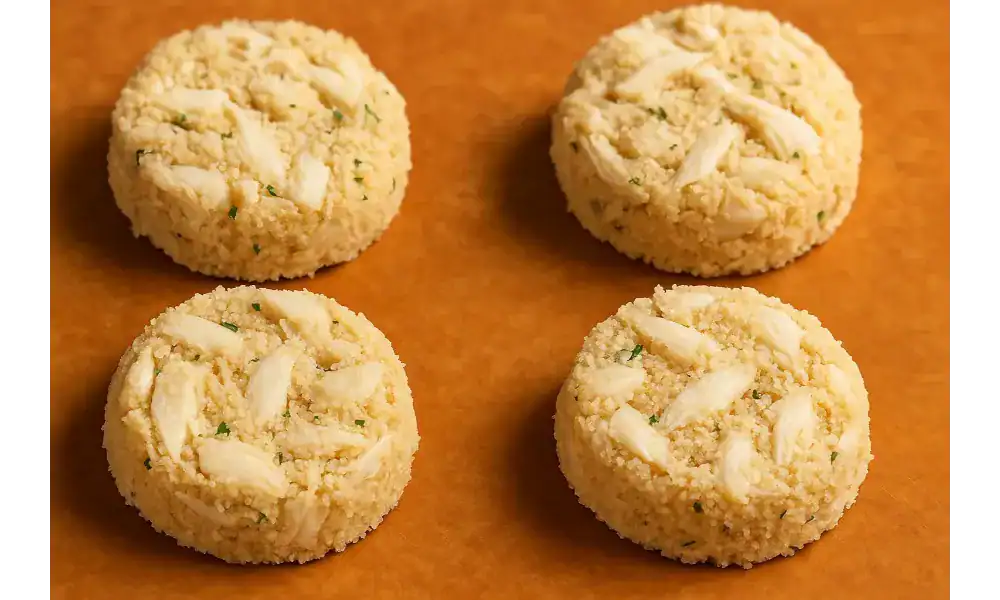 Four raw crabcake patties made with fresh crab meat and breadcrumbs on a warm wooden surface.