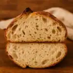 Freshly baked San Francisco sourdough bread cut in half to show its airy crumb and golden crust.