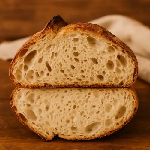 Freshly baked San Francisco sourdough bread cut in half to show its airy crumb and golden crust.