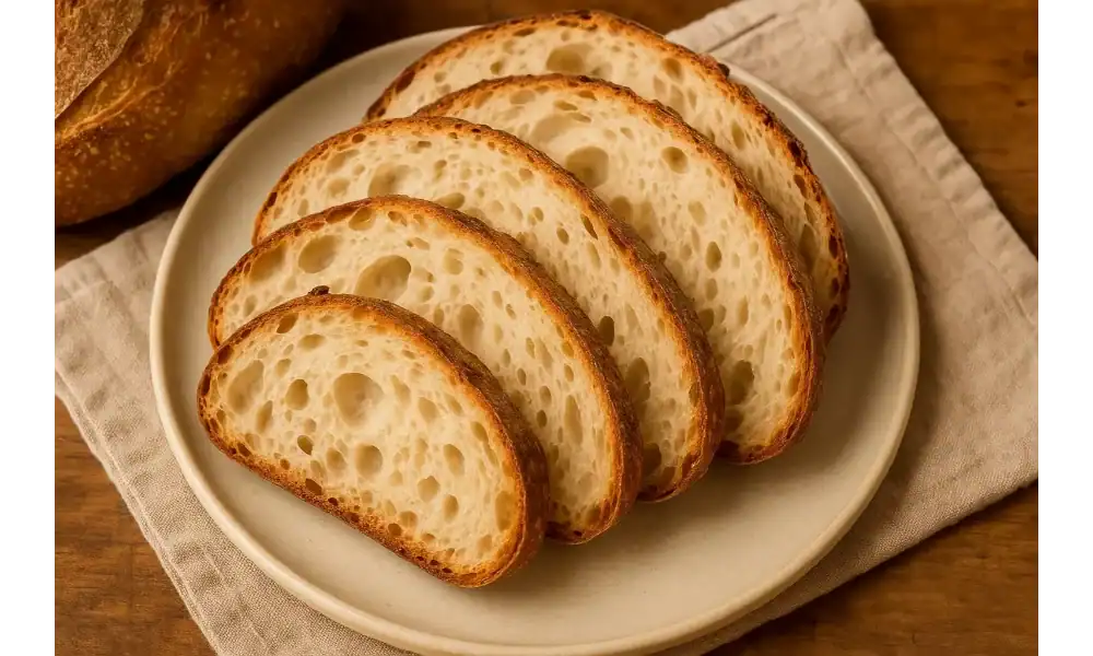 Sliced San Francisco sourdough bread arranged neatly on a plate, showing airy crumb and golden crust.