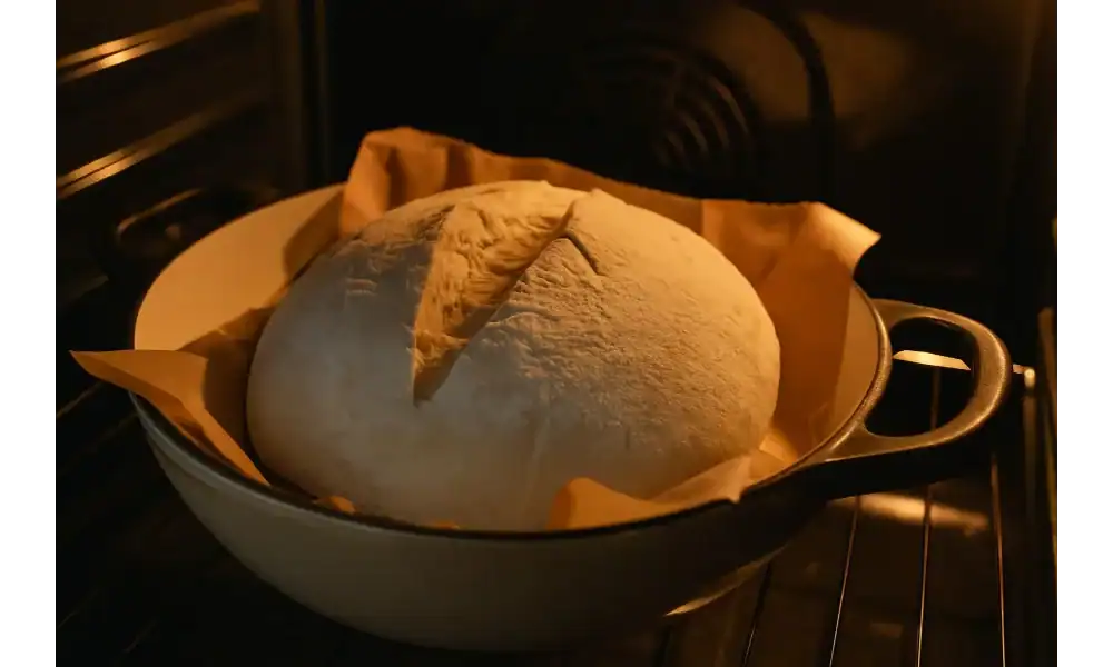 Raw San Francisco sourdough bread dough resting in a Dutch oven inside the oven, ready to bake.