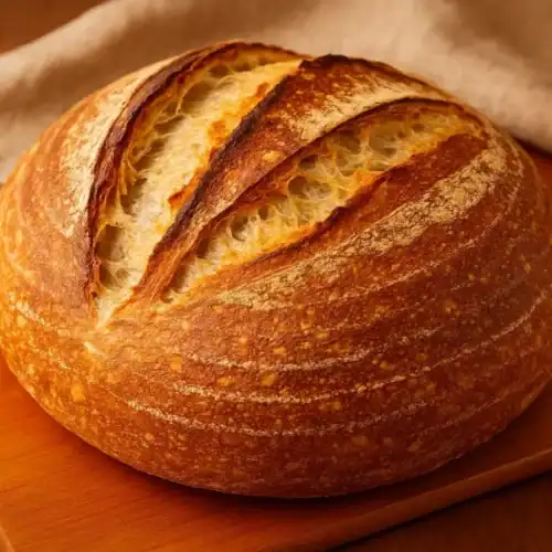 Whole loaf of freshly baked San Francisco sourdough bread with a golden crust on a wooden board.