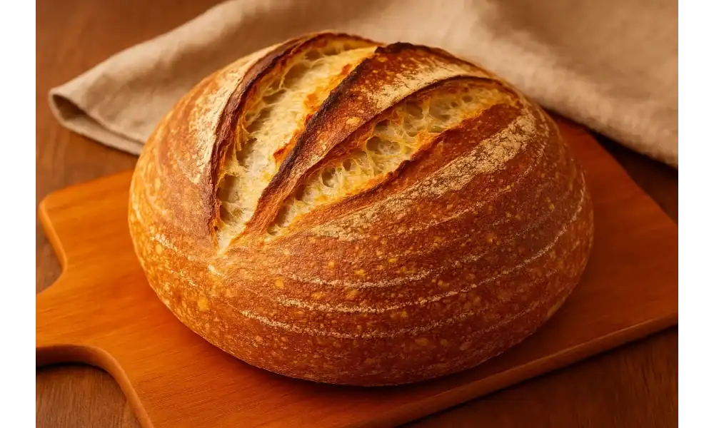Whole loaf of freshly baked San Francisco sourdough bread with a golden crust on a wooden board.