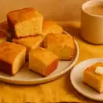 Freshly baked homemade cornbread squares served with butter and coffee on a warm breakfast table.