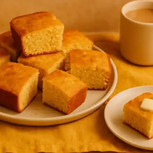 Freshly baked homemade cornbread squares served with butter and coffee on a warm breakfast table.