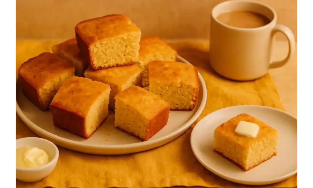 Freshly baked homemade cornbread squares served with butter and coffee on a warm breakfast table.