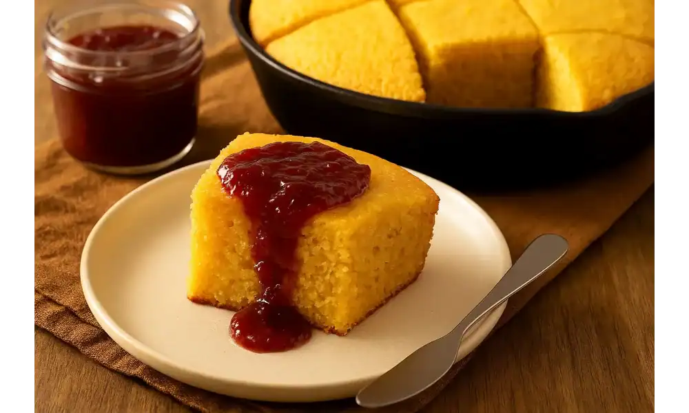 A warm slice of homemade cornbread topped with sweet red jam, served on a plate beside a jar of jam and a skillet of fresh cornbread squares.