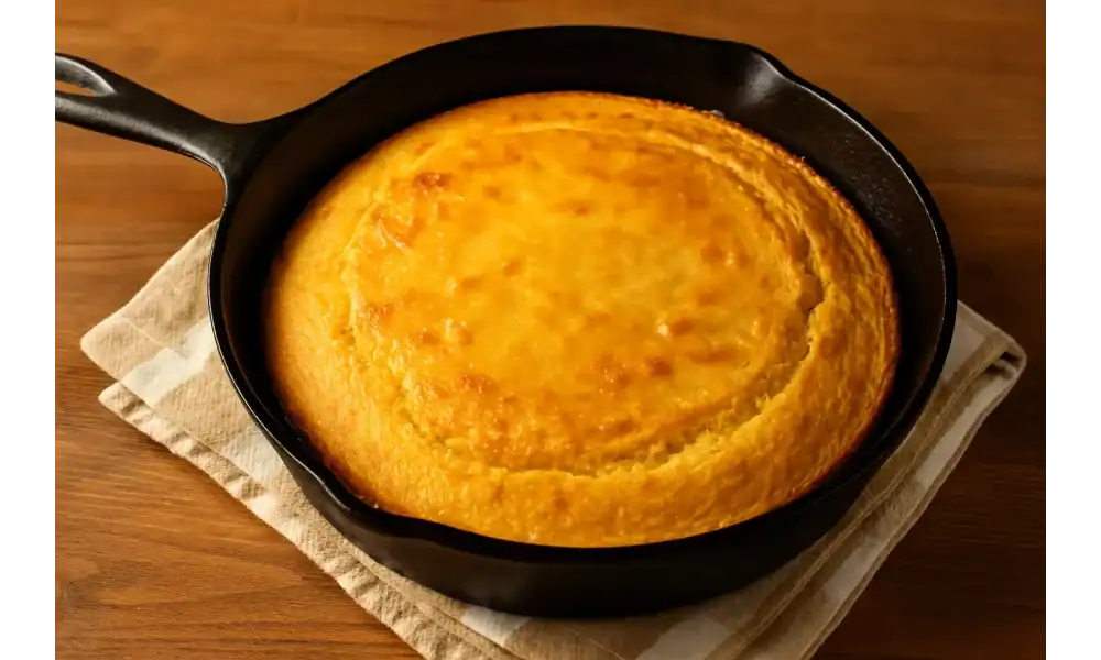 A whole homemade cornbread baked to golden perfection in a black cast iron skillet on a wooden table.