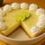 A whole key lime pie with whipped cream swirls and fresh lime slices on top, with a slice missing to show the creamy filling.