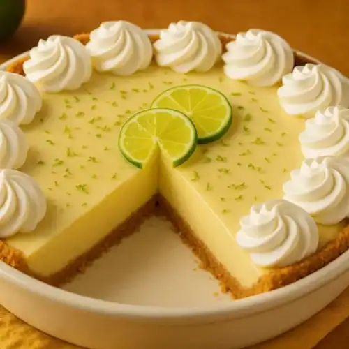 A whole key lime pie with whipped cream swirls and fresh lime slices on top, with a slice missing to show the creamy filling.