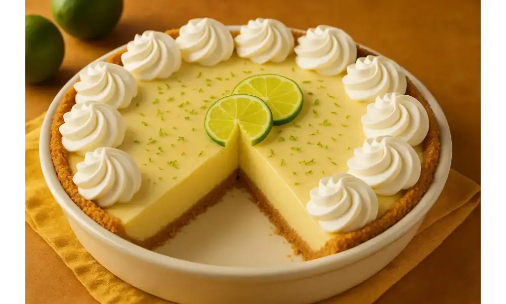 A whole key lime pie with whipped cream swirls and fresh lime slices on top, with a slice missing to show the creamy filling.