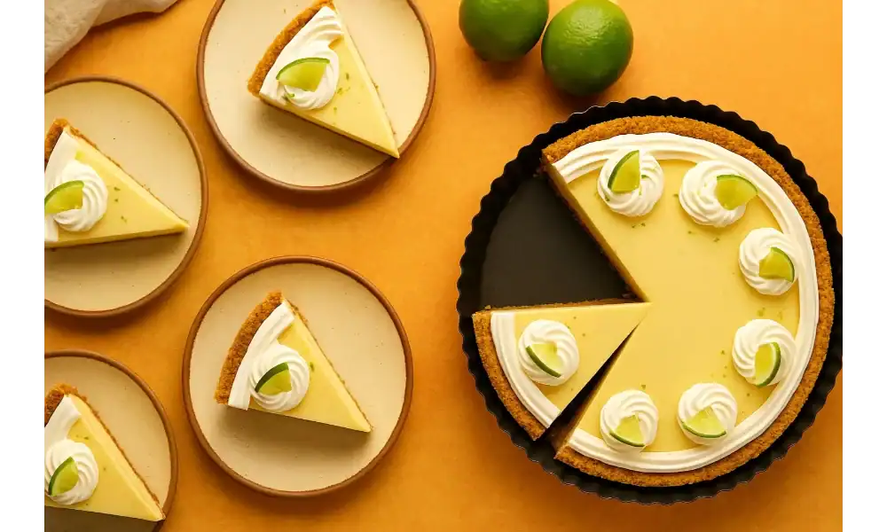 A whole key lime pie with slices served on plates, topped with whipped cream and lime wedges, on a warm orange background.