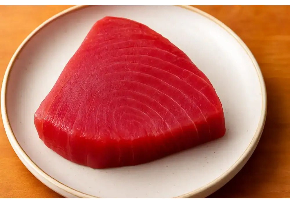 A close-up of a fresh raw ahi tuna steak on a white plate, ready for making homemade ahi poke.