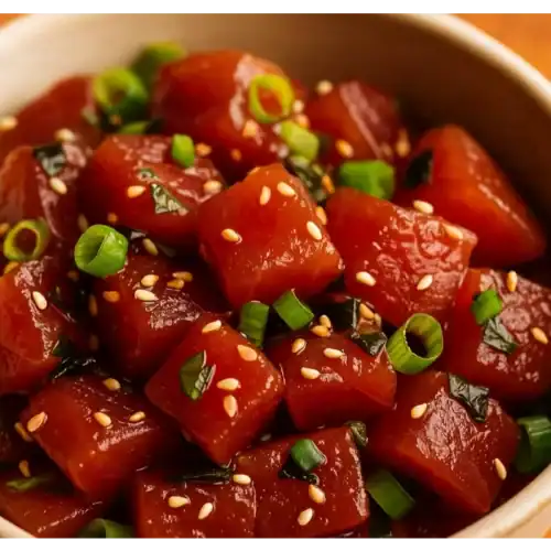 A close-up bowl of fresh homemade ahi poke with marinated tuna cubes, green onions, and sesame seeds.