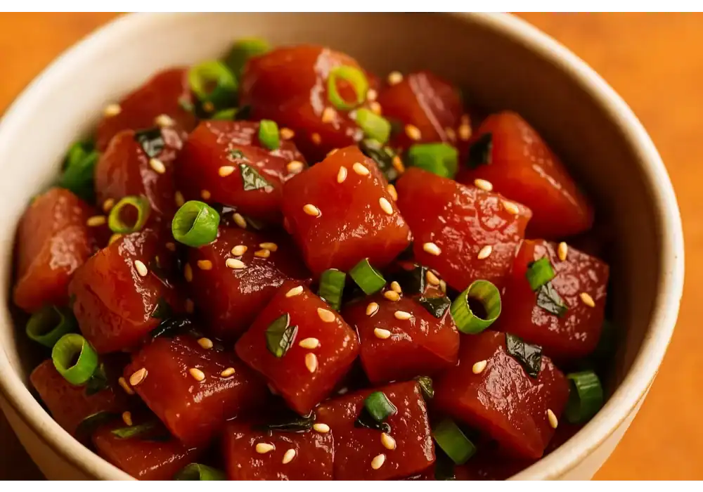 A close-up bowl of fresh homemade ahi poke with marinated tuna cubes, green onions, and sesame seeds.